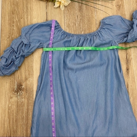 Zara Ruffle Sleeve Chambray Denim Off Shoulder Dress - Picture 8 of 16